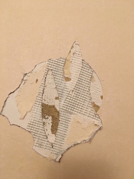 Vägg med avriven tapet som exponerar nät och spacklade ögonformade hål.