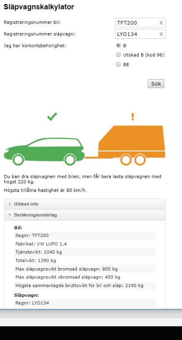 Skärmbild av en släpvagnskalkylator med inmatade registreringsnummer och resultat som visar maximal lastvikt.