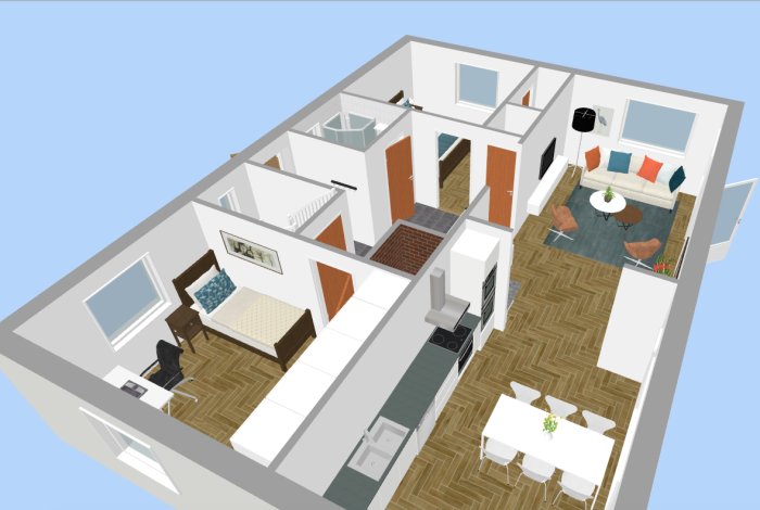 3D-planlösning av lägenhet med vardagsrum, kök och sovrum visande föreslagen omstrukturering.