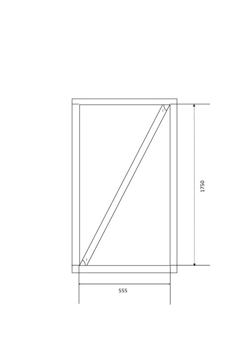 Ritning av en rektangulär ram med en diagonal och mätningar, frågan om sågningsvinkeln är markerad med ett frågetecken.