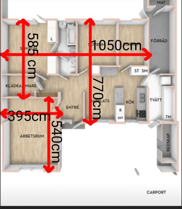 Ritning av ett hus med utmärkta mått på olika rum och korridorer.