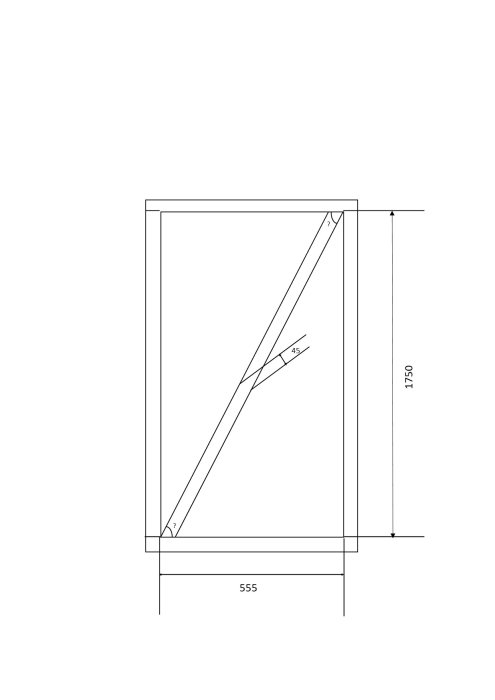 Teknisk ritning av en träram med diagonal snedsträva och måttangivelser.
