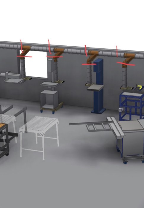 3D-visualisering av en verkstad med dammutsugningsrör och markerade spjällpositioner.