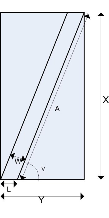 Schematisk ritning som visar beräkning av snedsträva med variablerna X, Y, W, L, A, V angivna.