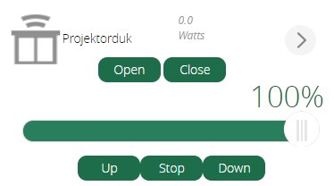 Gränssnitt för Fibaro Roller Shutter 2 kontroll med knappar för öppna, stänga, up, stop, down och statusindikator på 100%.