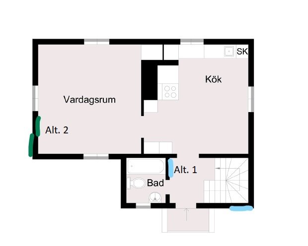 Ritning av ett fritidshus med markerade alternativa placeringar för en luftvärmepump i hallen (Alt. 1) och vardagsrummet (Alt. 2).