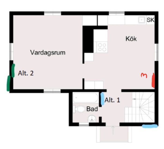 Ritning över en våningsplan med vardagsrum, kök och badrum markerade för diskussion om värmeflöde.