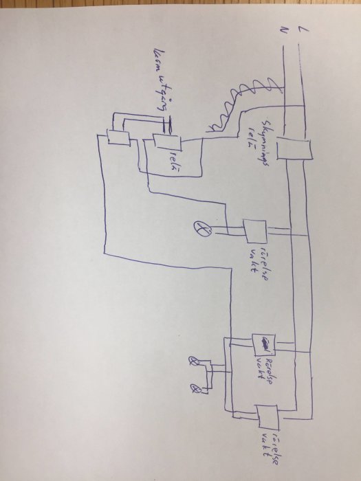 Handritad skiss av en elektrisk koppling för rörelsevakter och lampor med skymningsrelä.