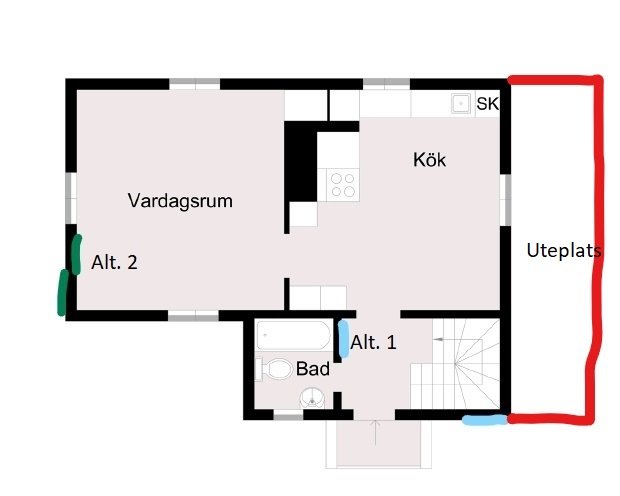 Planritning av en lägenhet med markerad uteplats intill vardagsrummet och köket.