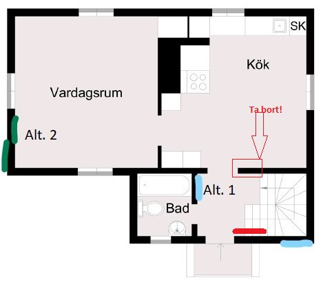 Planritning med markerade förslag på positionering av innerdel i kök och borttagen väggsektion för luftspridning.