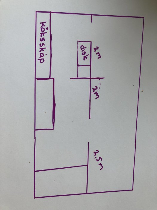 Handritad skiss av en planlösning med måttmarkeringar, visande position för köksskåp och disk.