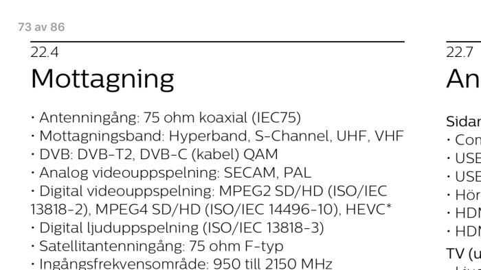 Textdokument som listar mottagningskapaciteter för en TV, inklusive antenn-, kabel- och satellitmottagning samt videoformat.