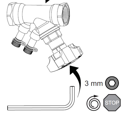 Diagram över injusteringsventil med 3mm insexnyckel och markering för stoppskruv.