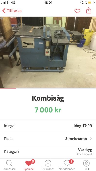 Blå kombisåg för snickeri på en verkstadslokal till salu för 7000 kr.