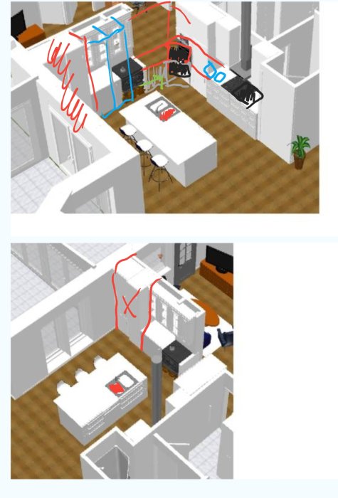 3D-modeller av kökslayout med markerade förslag till ändringar, inklusive flyttad korridor och vedspis.