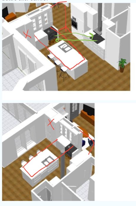 3D-ritningar av kökslayout med förslag på flytten av korridor och vedspis, inklusive markerade områden.