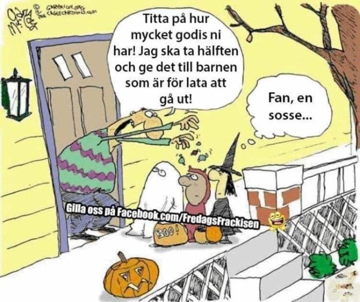 Tecknad bild av en kvinna som ger godis till barn utklädda till spöken vid hennes dörr på Halloween.