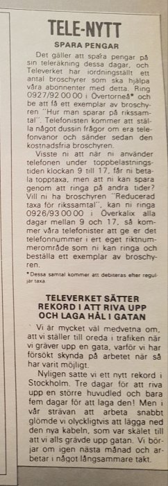 Fotografi av en textartikel från Svenska Mad nr 5 1978 med rubriker "TELE-NYTT" och "TELEVERKET SÄTTER REKORD I ATT RIVA UPP OCH LAGA HÅL I GATAN".