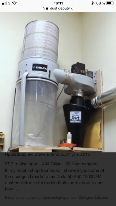 Cyclone dust collector system with Delta branding, a vertical canister, and Super Dust Deputy accessory mounted on a wall.