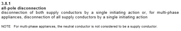 Textutdrag som definierar allpolig brytning enligt standard för elektriska hushållsprodukter.