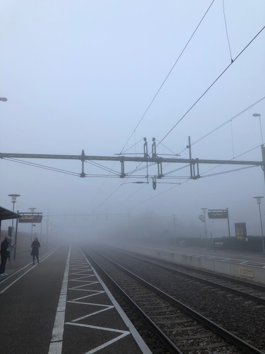 Dimhöljd tågstation med väntande passagerare och tomma spår.