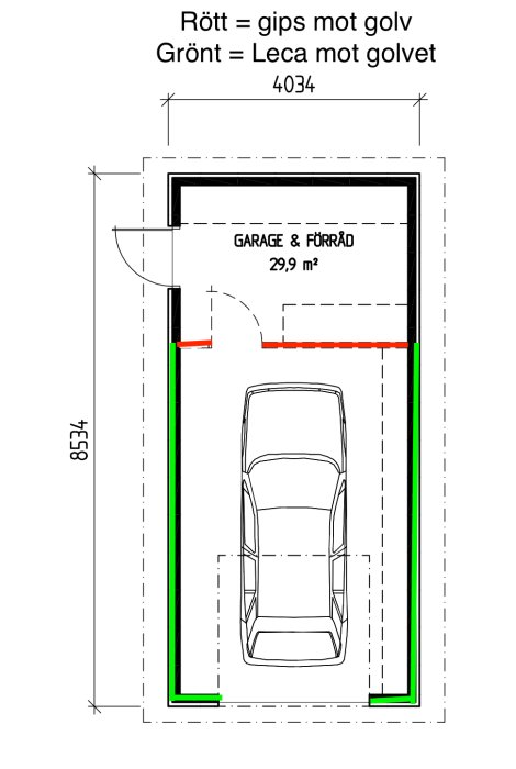 Pohjapiirros autotallista. Kipsi merkitty punaisella ja Leca-vuoratut seinät vihreällä. Auton ja varaston sijainti näkyvissä, koko 29,9 m².