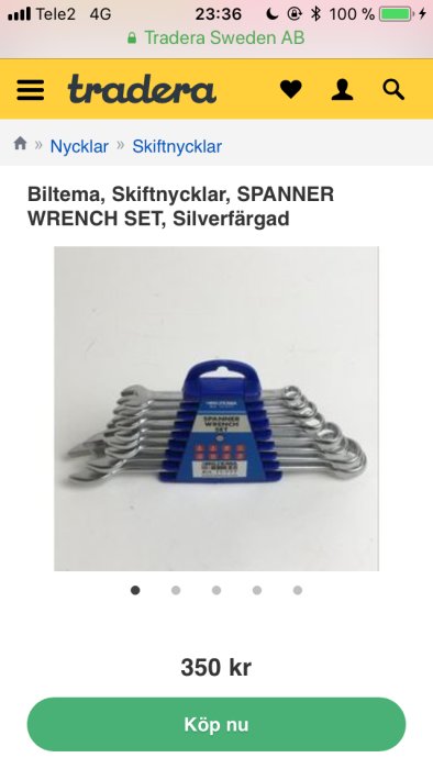 Silverfärgat skiftnyckelset från Biltema på Tradera för 350 kr.