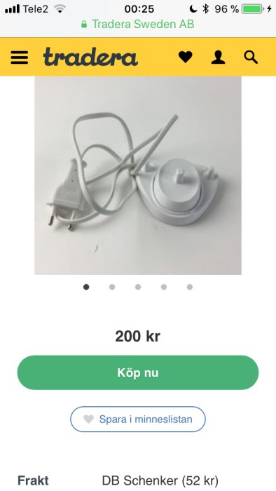 Eluttag och laddare utan tandborste, visas på en försäljningsplattform, erbjuds för 200 kr.