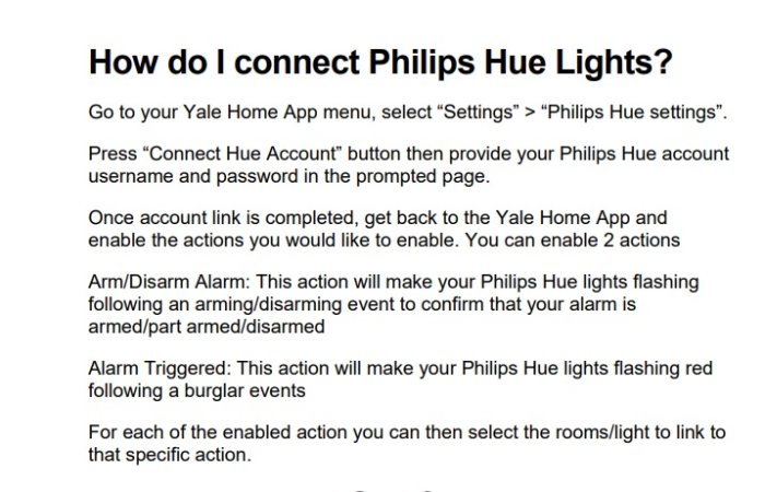 Instruktioner för att koppla Philips Hue-ljus till Yale Home App på en vit bakgrund.