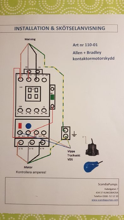 Elschema för installation av Allen & Bradley kontaktormotorskydd och Telemecanique tryckvakt.