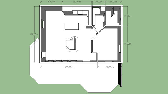 Arkitektonisk ritning av en ny planlösning med måttsatta rum inklusive sovrum och tvättstuga, föreslagen skjutdörr markerad.