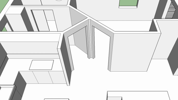 Skiss av en ny planlösning med skjutdörr mellan sovrum och tvättstuga för effektivare utnyttjande av utrymmet.