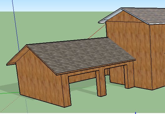 3D-modell av ett oavslutat lösvirkeshus med angränsande garage struktur i ett byggplaneringsskede.