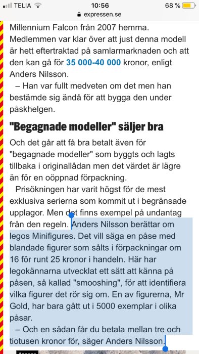 Skärmdump av en artikel om värdet på begagnade Lego-modeller och värdefulla Lego Minifigures-påsar.