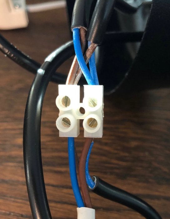 Elektriska ledningar kopplade till en sockerbit, en blå och två bruna i samma anslutning.
