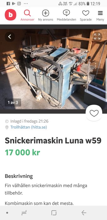 Begagnad snickerimaskin Luna w59 i ett garage, prissatt till 17 000 kr.