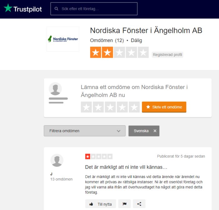 Skärmdump från Trustpilot med lågt betyg för Nordiska Fönster i Ängelholm AB.
