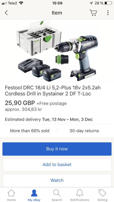 Skärmdump från en eBay-annons som visar en Festool borr/skruvdragare med två batterier, laddare och väska till ett misstänkt lågt pris.