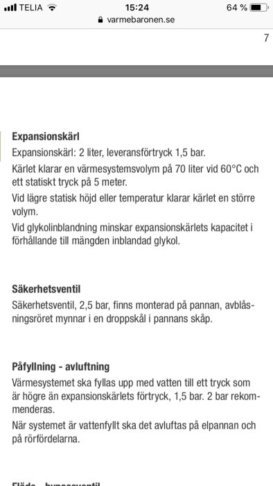 Skärmdump av en installationsanvisning som visar rekommenderade trycknivåer för expansionskärl och säkerhetsventil i ett värmesystem.