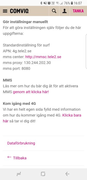 Skärmdump av mobilinställningar för APN, MMS och 4G med hyperlänkar och navigationsknappar.