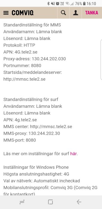 Skärmdump som visar standardinställningar för MMS och surf för en mobiloperatör, inklusive APN och proxy-adress.