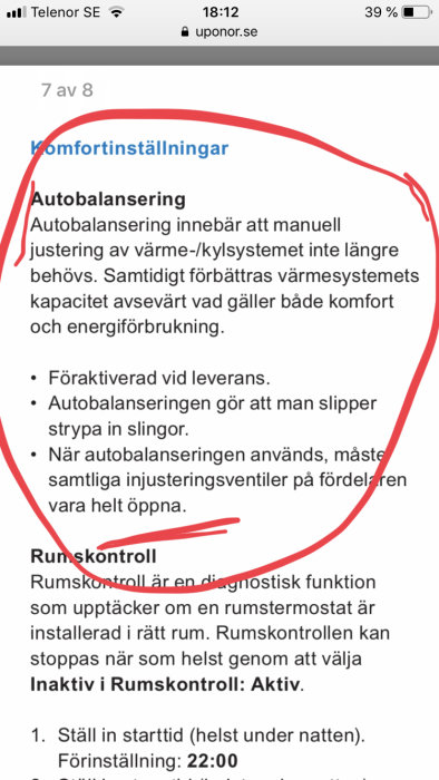 Skärmbild av en webbartikel om autobilansering och rumskontroll i värmesystem.