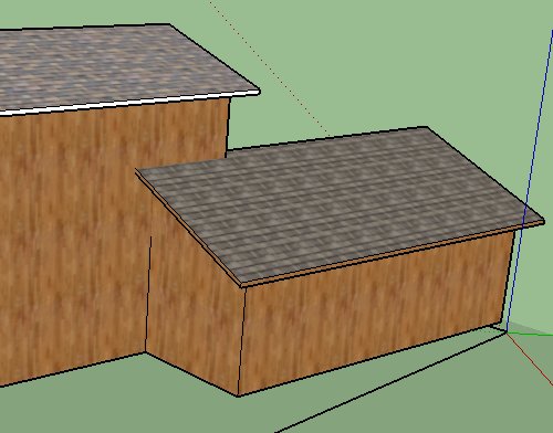 3D-modell av hus med synlig tomtgräns och närliggande takstol.