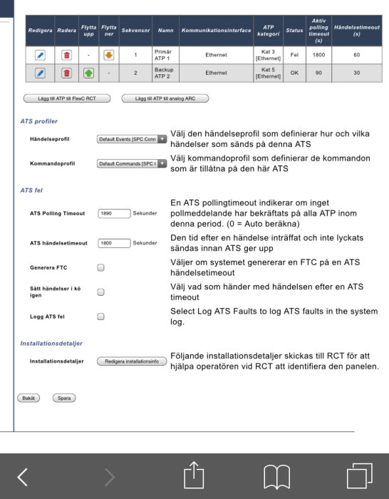 Skärmdump av en konfigurationsmeny för ATS med inställningsalternativ och statusinformation.