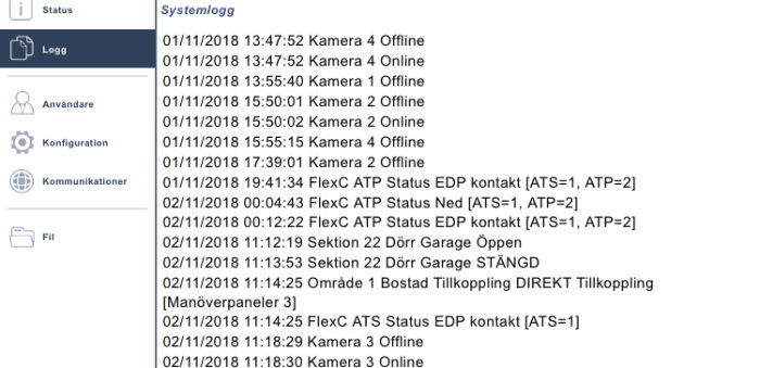 Skärmdump av ett systemlogg med tidsstämplar och händelser såsom kameror offline/online och statusändringar för säkerhetssystem.