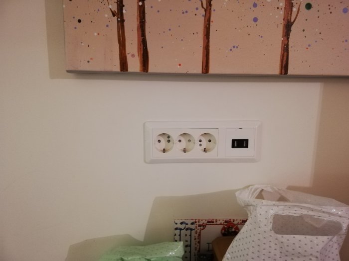 Trippeluttag och nätverksuttag integrerat i väggen under ett tavellist.