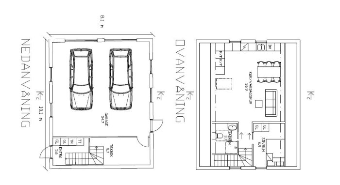 Arkitektoniska ritningar av en tvåbils garage och dess övervåning, med mått och layout detaljerad.