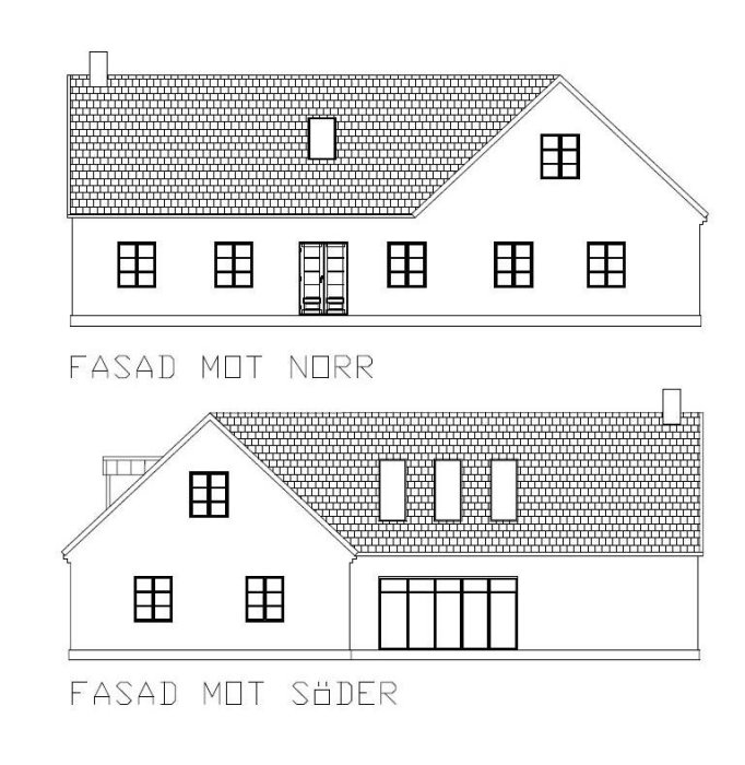 Arkitektritningar med fasadvyer mot norr och söder av ett hus med tegeltak.