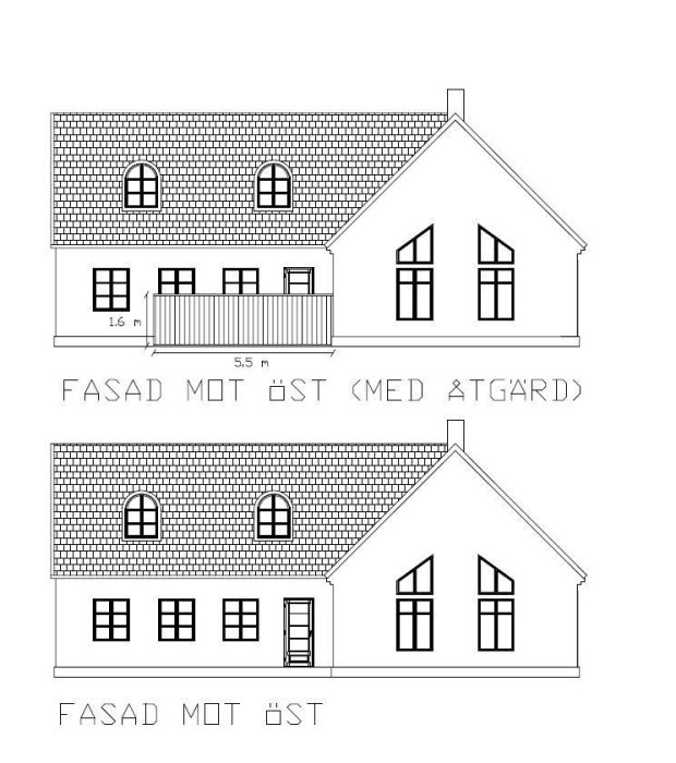 Två arkitektoniska ritningar av en husfasad mot öst, med och utan altan.