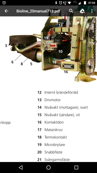Delar av en brännare med numrerade komponenter, fokus på nr 19 som är en microbrytare.